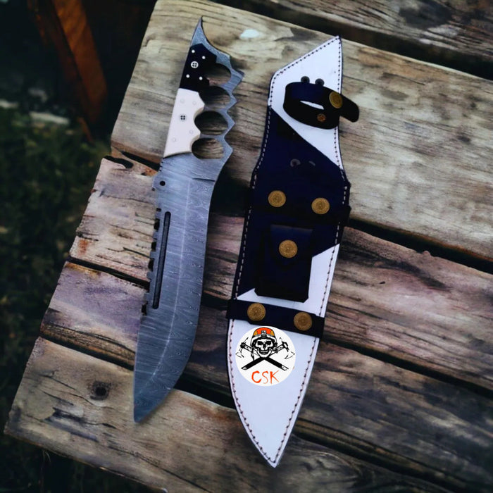 Black & White Edition Damascus Tactical Knuckle Camping Knife with Full Tang handle cskforged