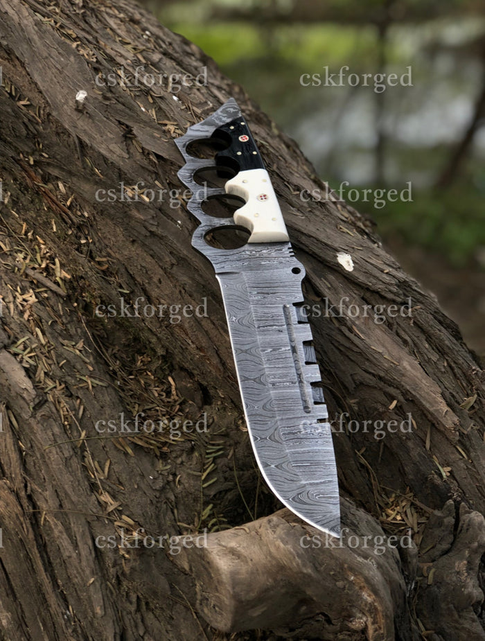 Black & White Edition Damascus Tactical Knuckle Camping Knife with Full Tang handle cskforged