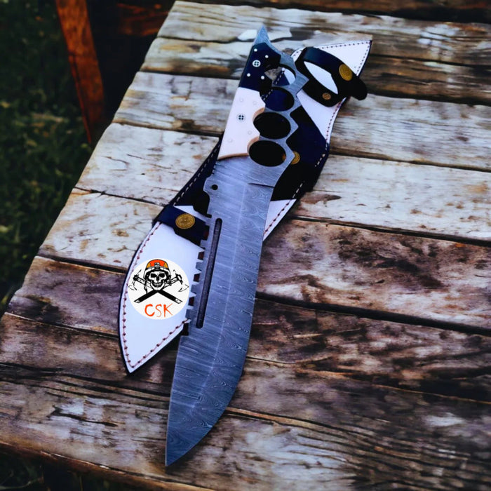 Black & White Edition Damascus Tactical Knuckle Camping Knife with Full Tang handle cskforged