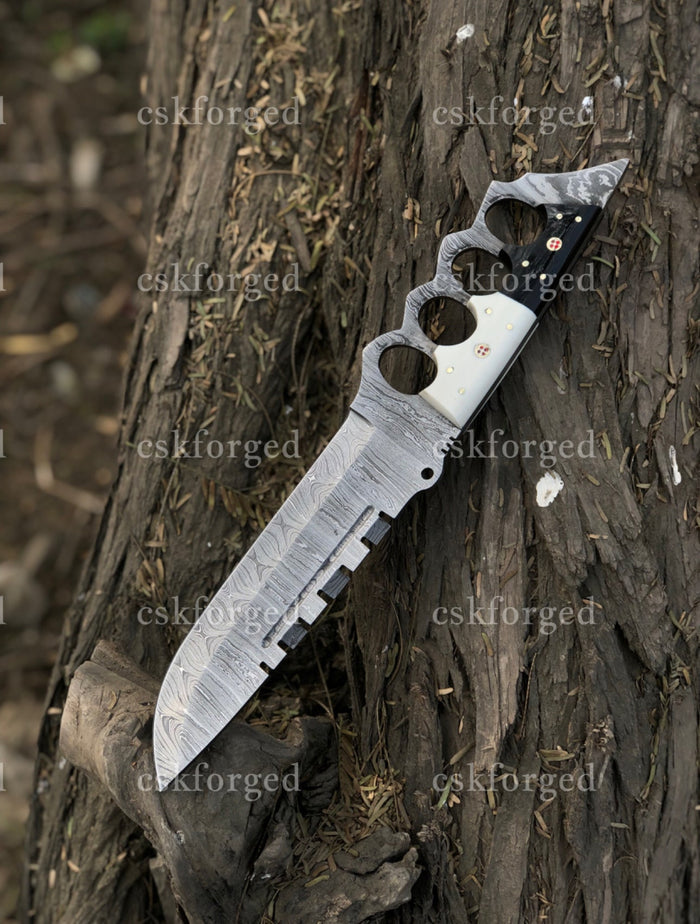 Black & White Edition Damascus Tactical Knuckle Camping Knife with Full Tang handle cskforged