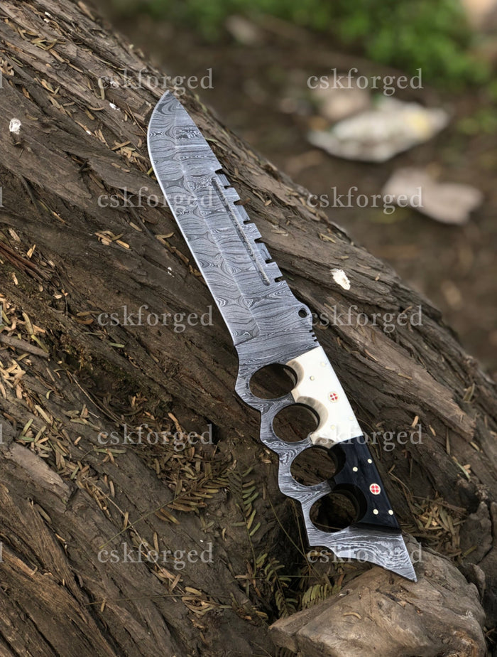Black & White Edition Damascus Tactical Knuckle Camping Knife with Full Tang handle cskforged