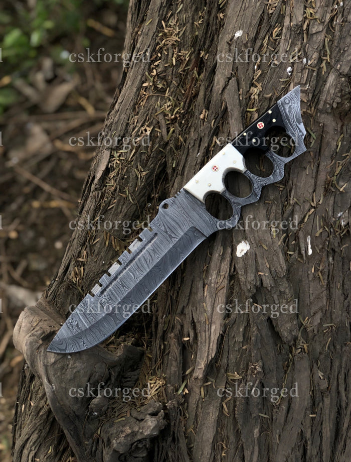 Black & White Edition Damascus Tactical Knuckle Camping Knife with Full Tang handle cskforged