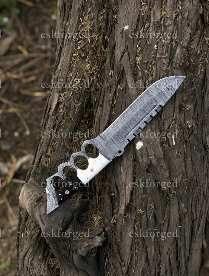 Black & White Edition Damascus Tactical Knuckle Camping Knife with Full Tang handle cskforged