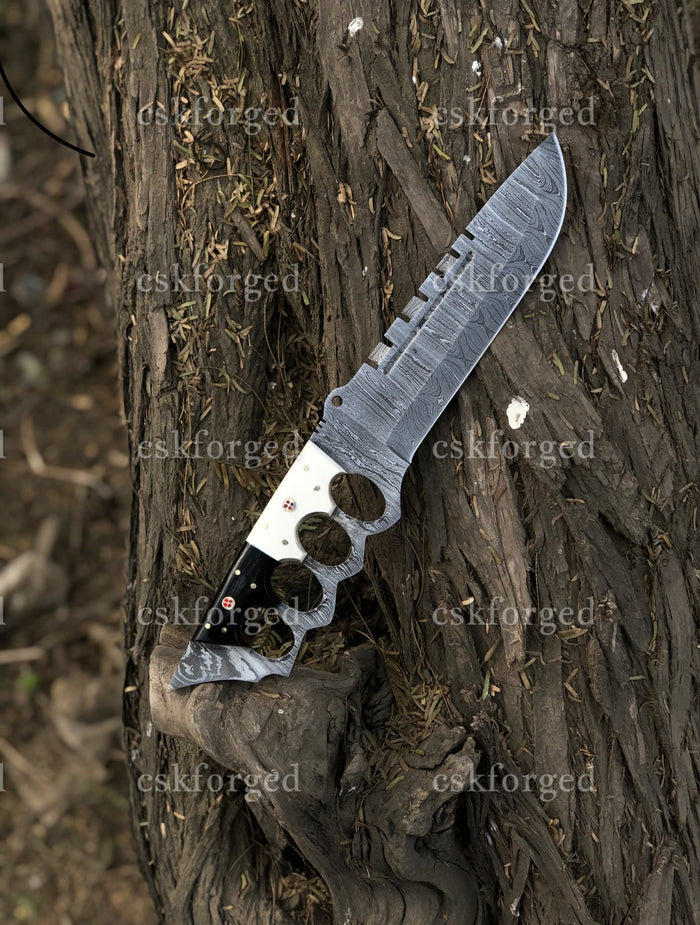 Black & White Edition Damascus Tactical Knuckle Camping Knife with Full Tang handle cskforged