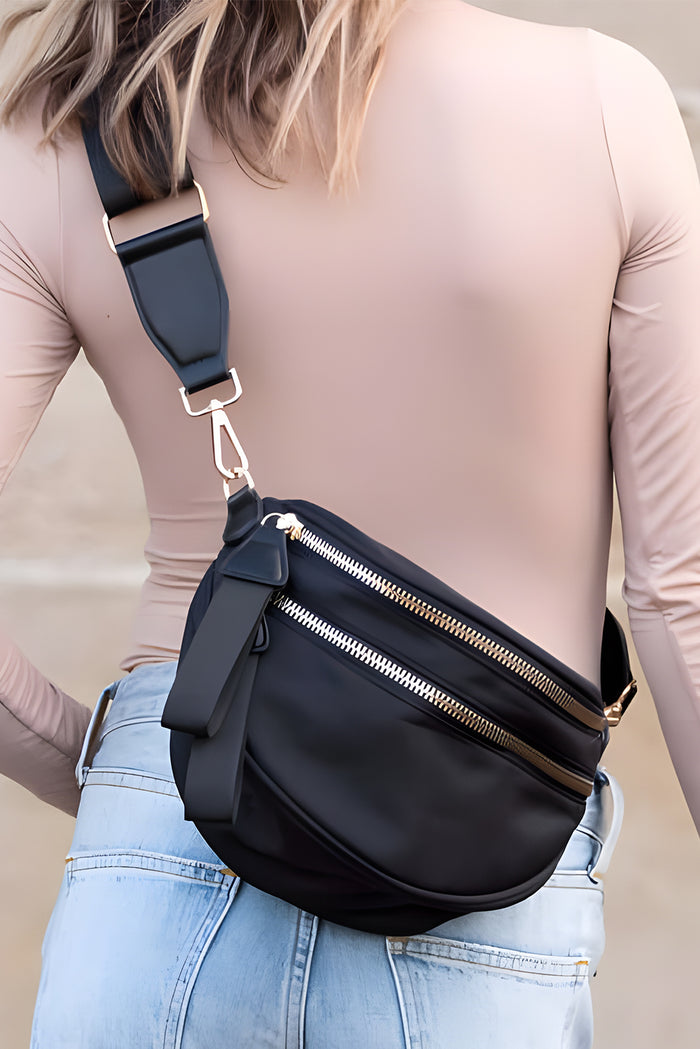 Black Wide Strap Zipper Crossbody Bag Shewin