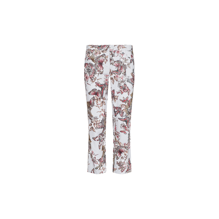 Blaine Cropped Stovepipe Jean in white, designed with a low-rise fit and straight-leg silhouette, showcases an all-over floral and butterfly print in burgundy, green, and brown tones on a plain white background.