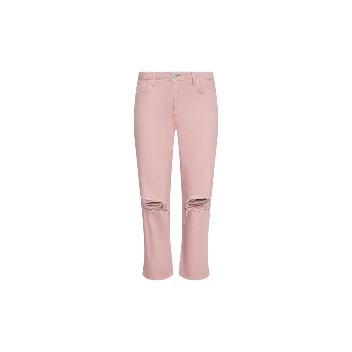 The Blaine Cropped Stovepipe Jean features a light pink wash, high waist, straight-leg fit, front button and zip closure, belt loops, and statement rips over both knees. Shown on a plain white background.