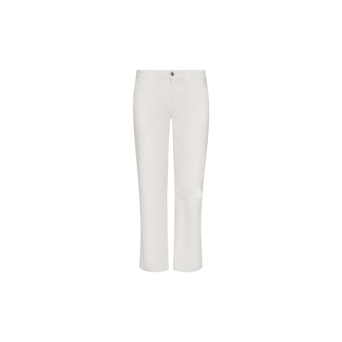 The Blaine Cropped Stovepipe Jean, crafted from white all-cotton denim, features a slouchy straight-leg silhouette, button closure, and subtle distressing on one knee, shown against a plain white background.