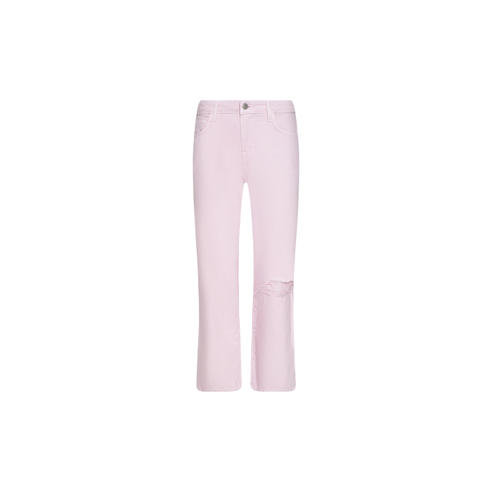 The Blaine Cropped Stovepipe Jean features a light pink wash, a straight leg cut, and a distressed rip on one knee, shown against a plain white background.