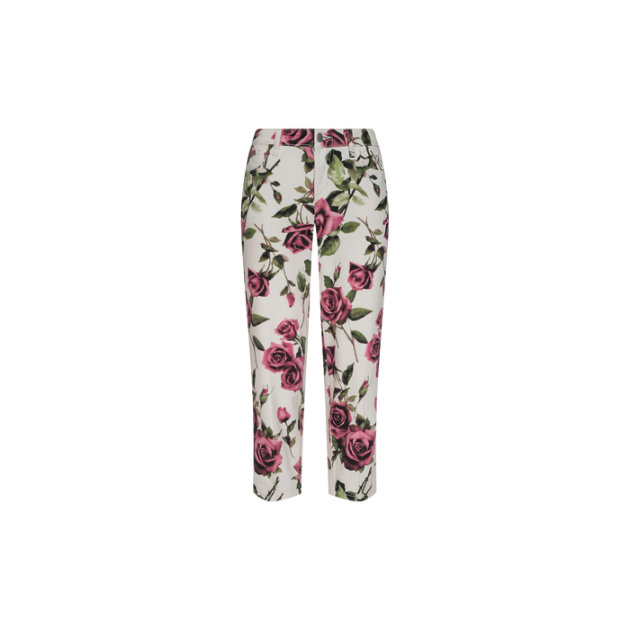 Blaine Cropped Stovepipe Jean in white with a high waist, featuring an all-over rose print of pink flowers and green leaves. These tailored-fit jeans are inspired by the off-duty jean silhouette and offer a clean look without visible embellishments or pockets.