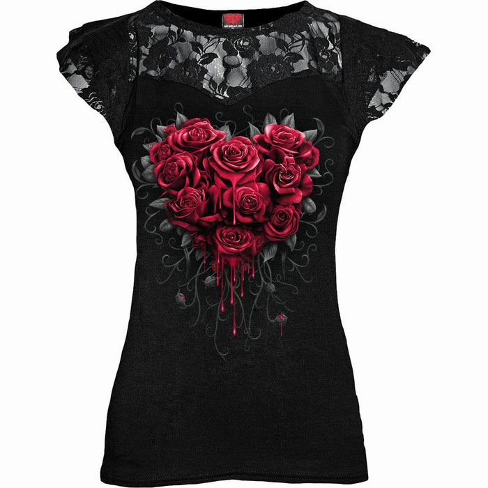 BLEEDING HEART - Lace Layered Cap Sleeve Top Black Spiral USA