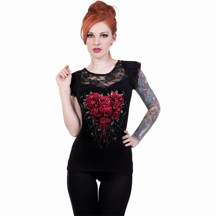 BLEEDING HEART - Lace Layered Cap Sleeve Top Black Spiral USA