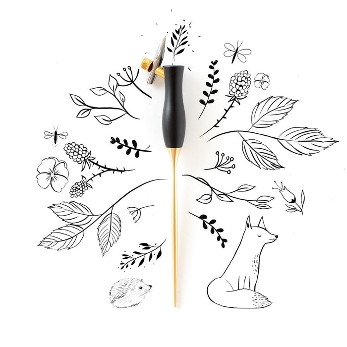 The Bloom calligraphy pen with oblique nib setting in Black on a background of illustrations in ink