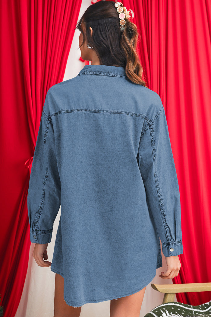 Blue Chest Pocket Raw Hem Denim Loose Shirt Dress Shewin