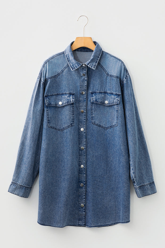 Blue Chest Pocket Raw Hem Denim Loose Shirt Dress Shewin