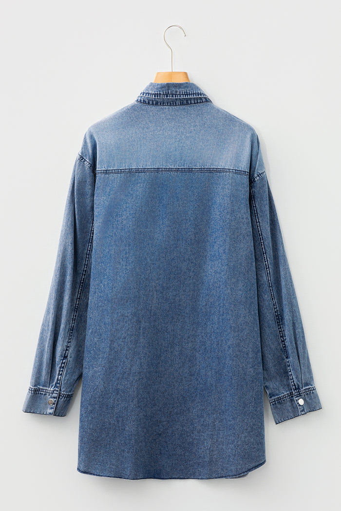 Blue Chest Pocket Raw Hem Denim Loose Shirt Dress Shewin