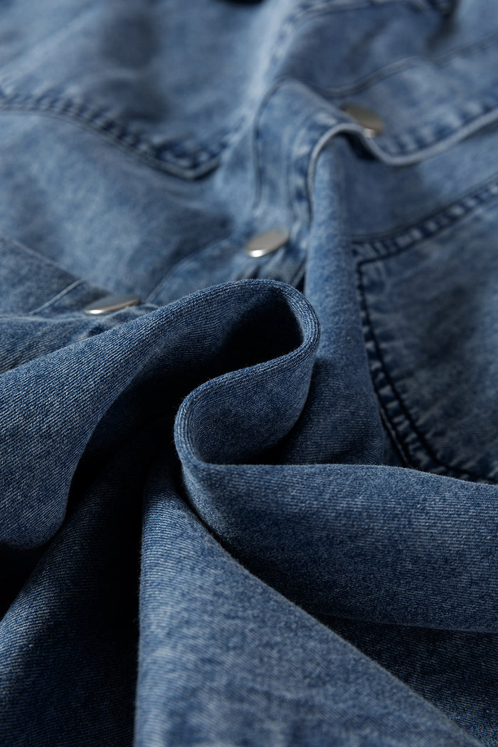 Blue Chest Pocket Raw Hem Denim Loose Shirt Dress Shewin