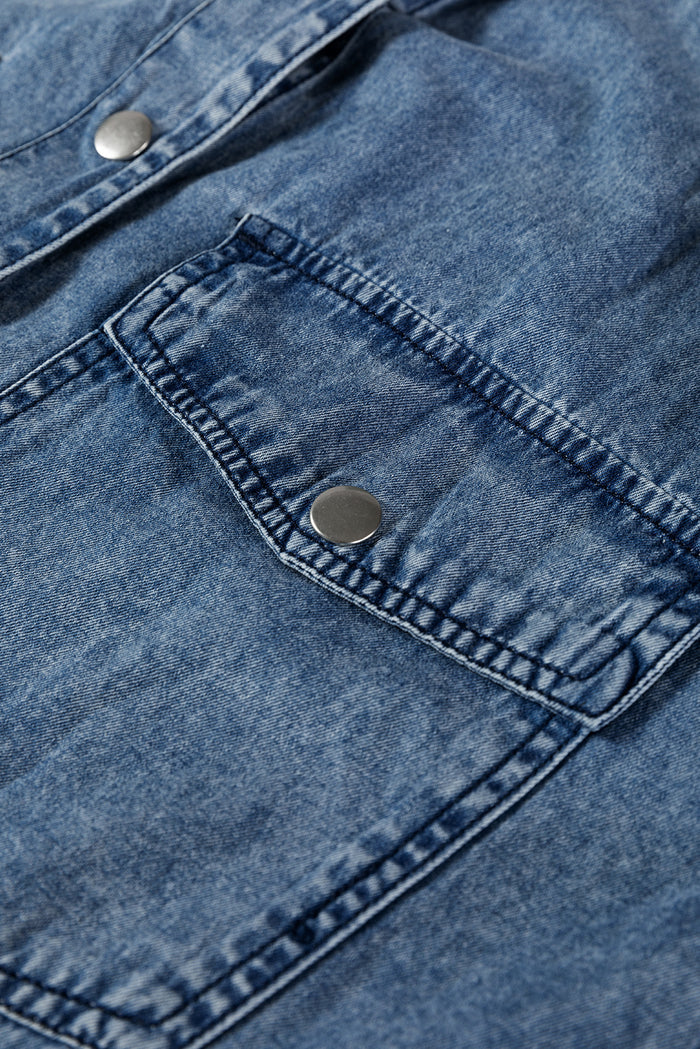 Blue Chest Pocket Raw Hem Denim Loose Shirt Dress Shewin