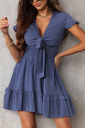 Blue Deep V Neck Self-tie Knotted Front Layered Flare Mini Dress Shewin