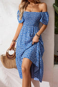 Blue Ditsy Floral Print Smocked Square Neck Ruffle Short Sleeve Dress