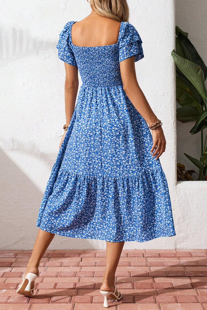 Blue Ditsy Floral Print Smocked Square Neck Ruffle Short Sleeve Dress