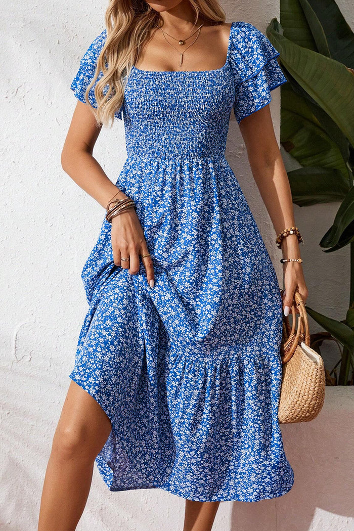 Blue Ditsy Floral Print Smocked Square Neck Ruffle Short Sleeve Dress