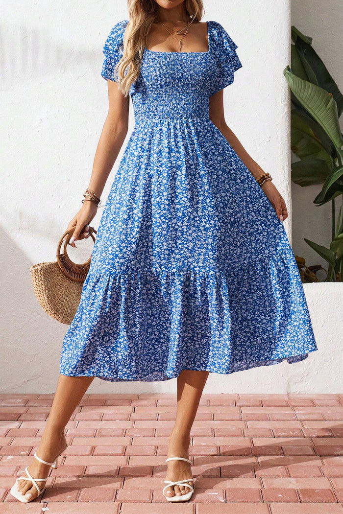 Blue Ditsy Floral Print Smocked Square Neck Ruffle Short Sleeve Dress