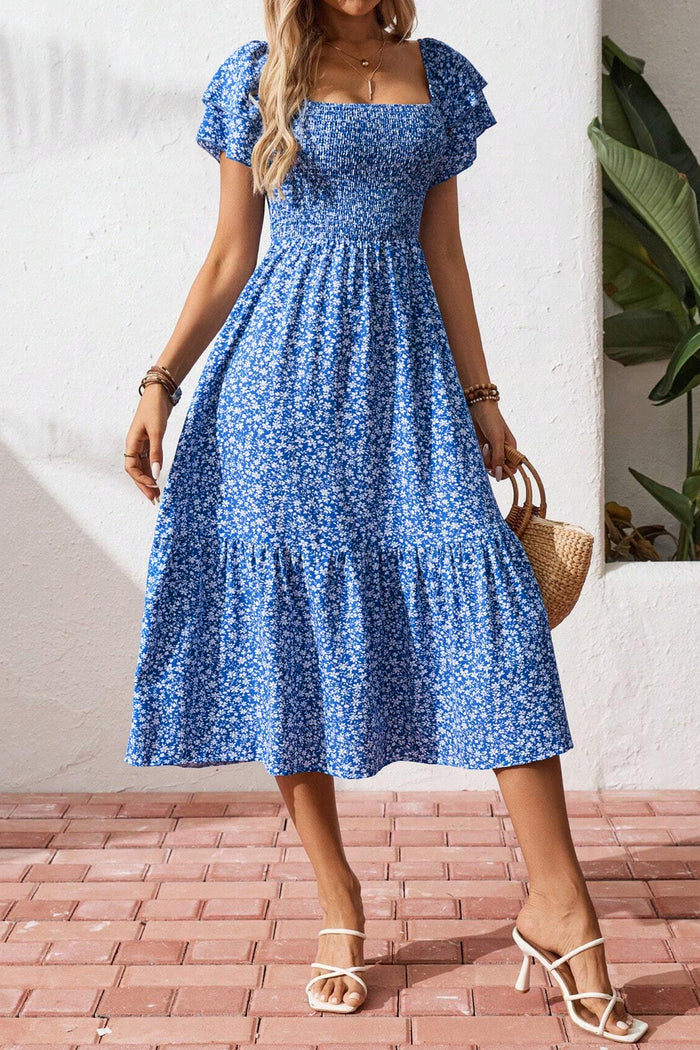 Blue Ditsy Floral Print Smocked Square Neck Ruffle Short Sleeve Dress
