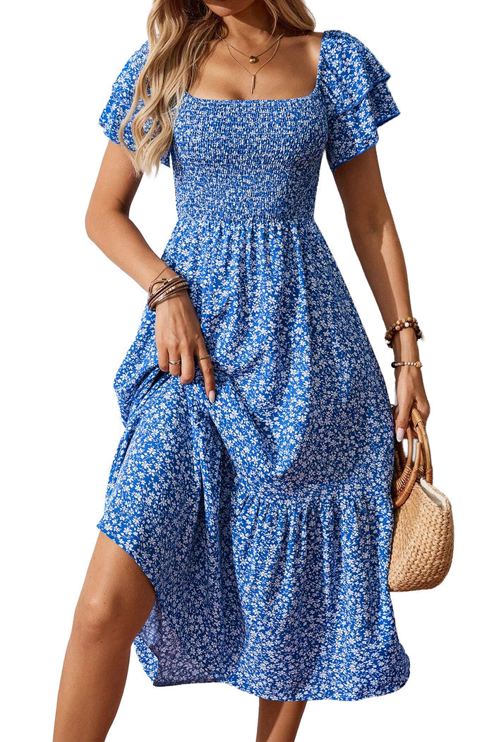 Blue Ditsy Floral Print Smocked Square Neck Ruffle Short Sleeve Dress