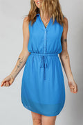 Blue Half Buttons Collared Elastic Waist Sleeveless Shirt Dress Shewin