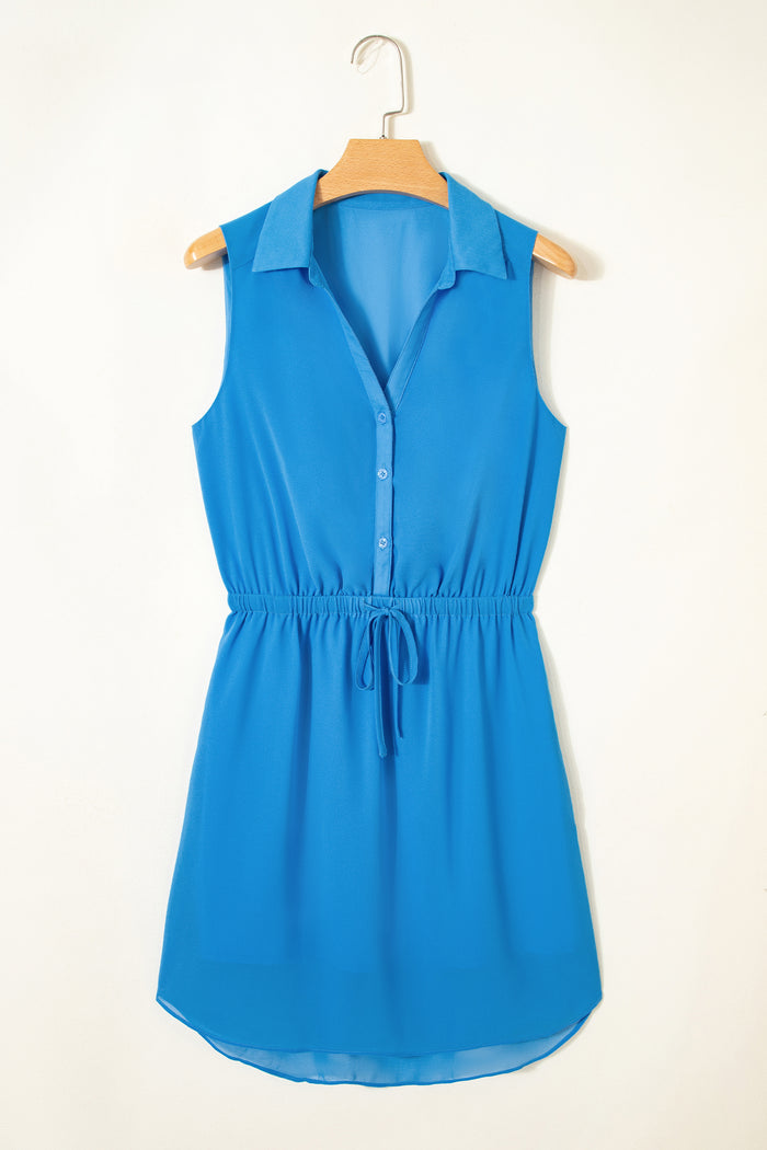 Blue Half Buttons Collared Elastic Waist Sleeveless Shirt Dress Shewin