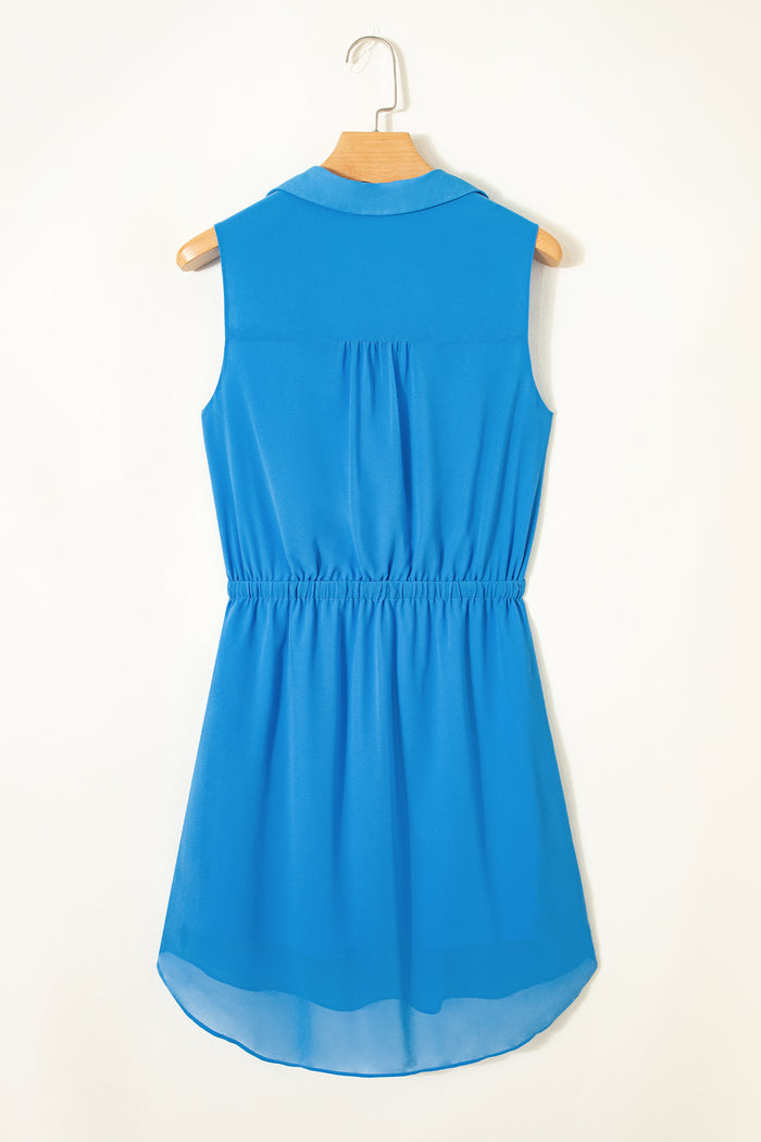 Blue Half Buttons Collared Elastic Waist Sleeveless Shirt Dress Shewin