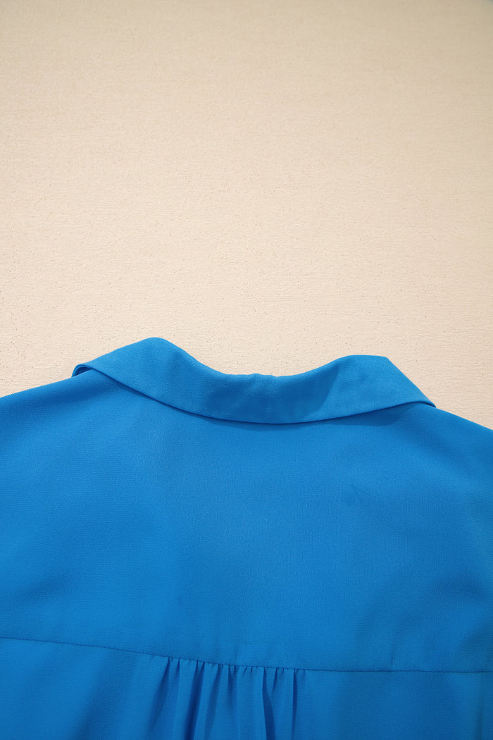 Blue Half Buttons Collared Elastic Waist Sleeveless Shirt Dress Shewin
