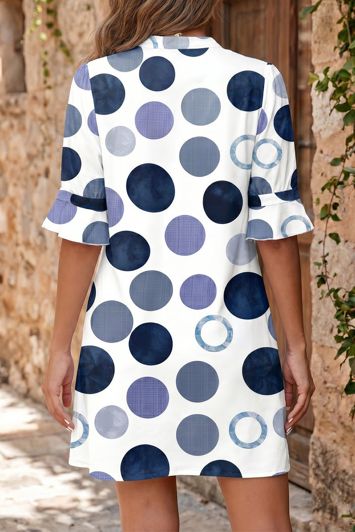 Blue Polka Dot Print Flounced Half Sleeve Casual Vacation Style Mini Dress Shewin