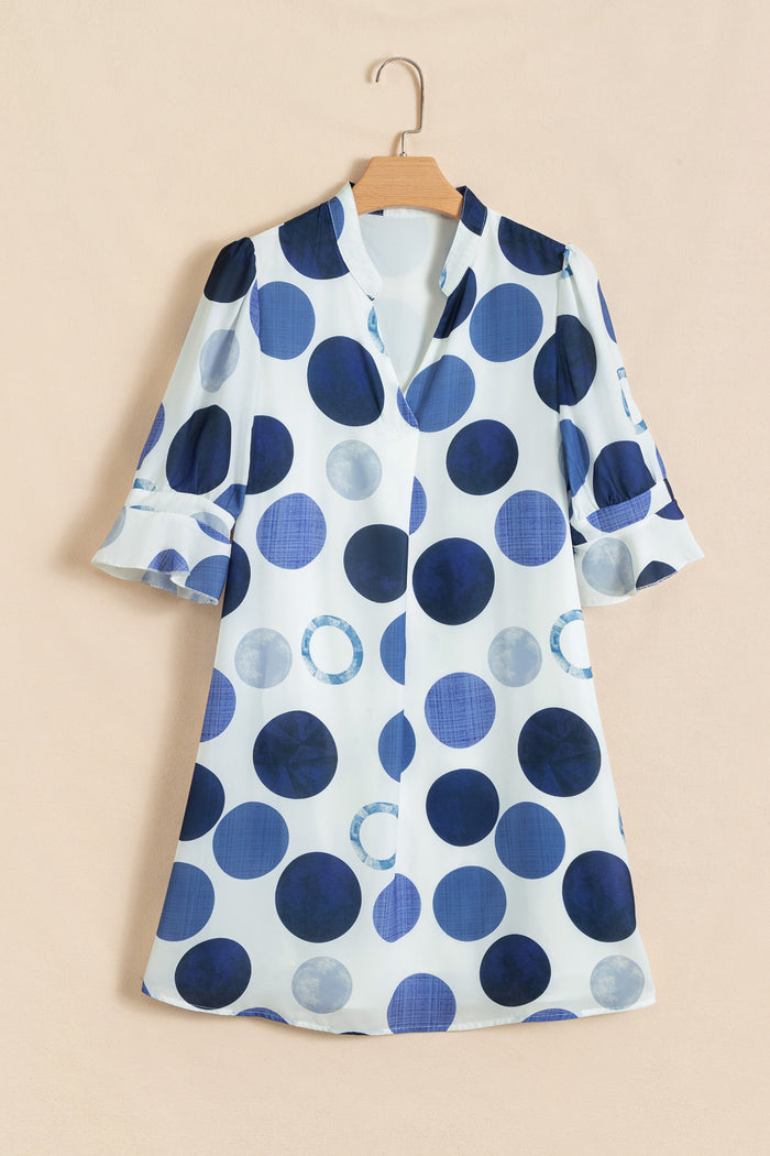 Blue Polka Dot Print Flounced Half Sleeve Casual Vacation Style Mini Dress Shewin