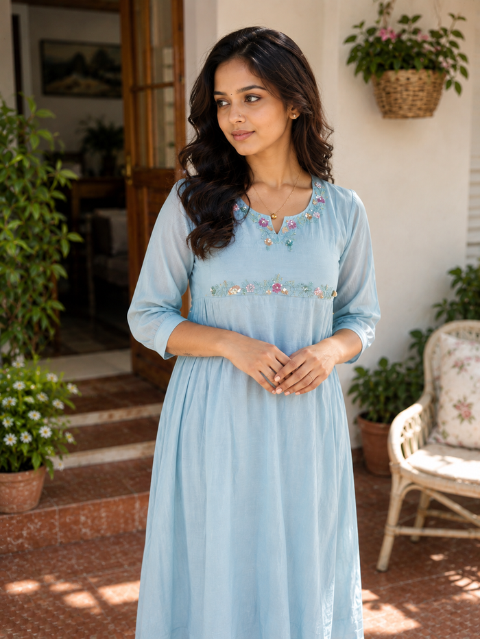 Blue shaded Mul Chanderi Aline kurti with handworked yoke and side gathers MBS-1343