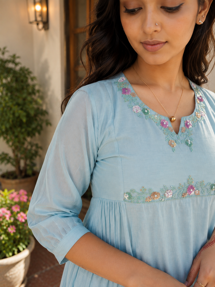 Blue shaded Mul Chanderi Aline kurti with handworked yoke and side gathers MBS-1343
