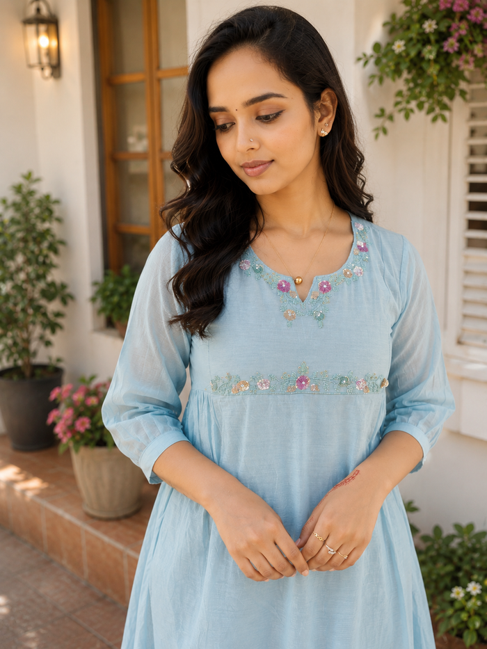 Blue shaded Mul Chanderi Aline kurti with handworked yoke and side gathers MBS-1343