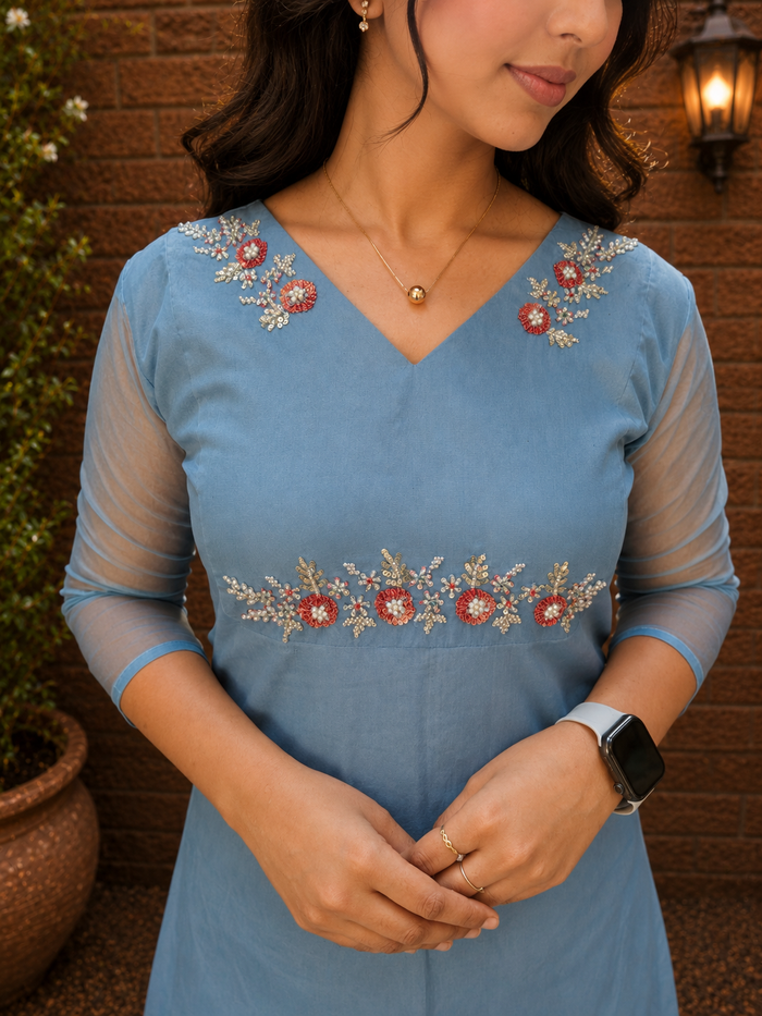 Blue shaded organza dress with handworked yoke MBS-1339 **Ready to dispatch**