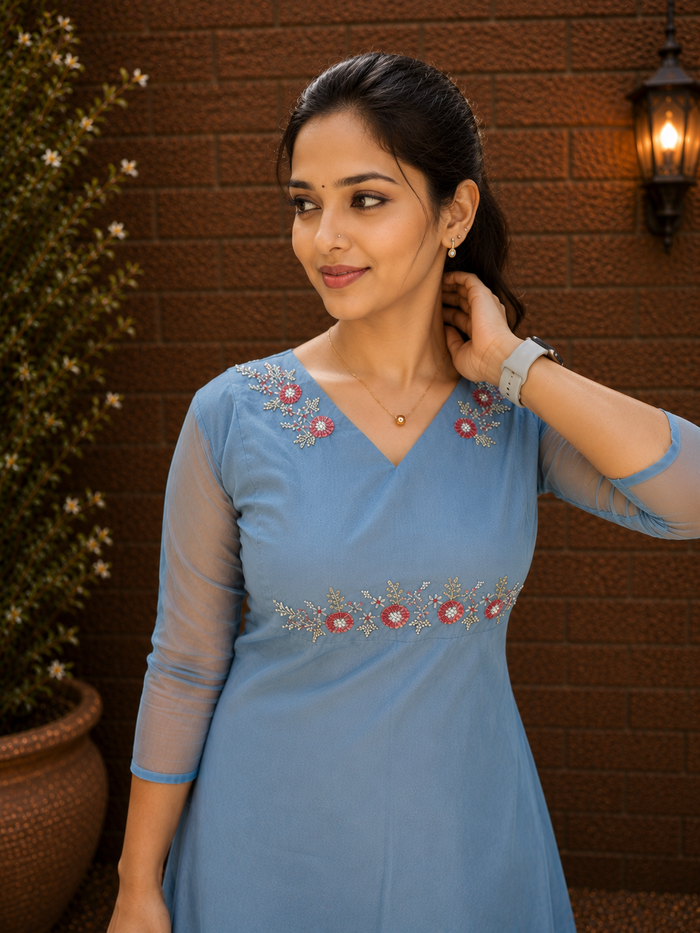 Blue shaded organza dress with handworked yoke MBS-1339 **Ready to dispatch**