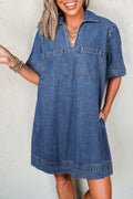 Blue Short Sleeve Collared Chest Pocket Denim Mini Dress Shewin