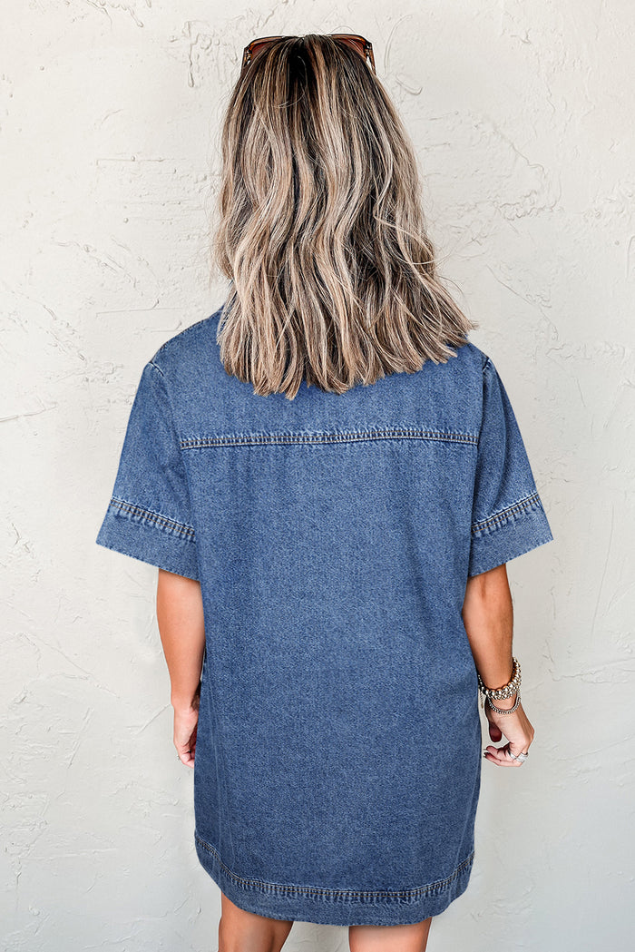 Blue Short Sleeve Collared Chest Pocket Denim Mini Dress Shewin