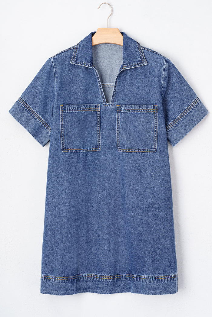 Blue Short Sleeve Collared Chest Pocket Denim Mini Dress Shewin