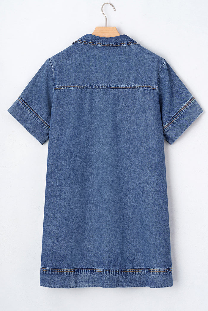 Blue Short Sleeve Collared Chest Pocket Denim Mini Dress Shewin