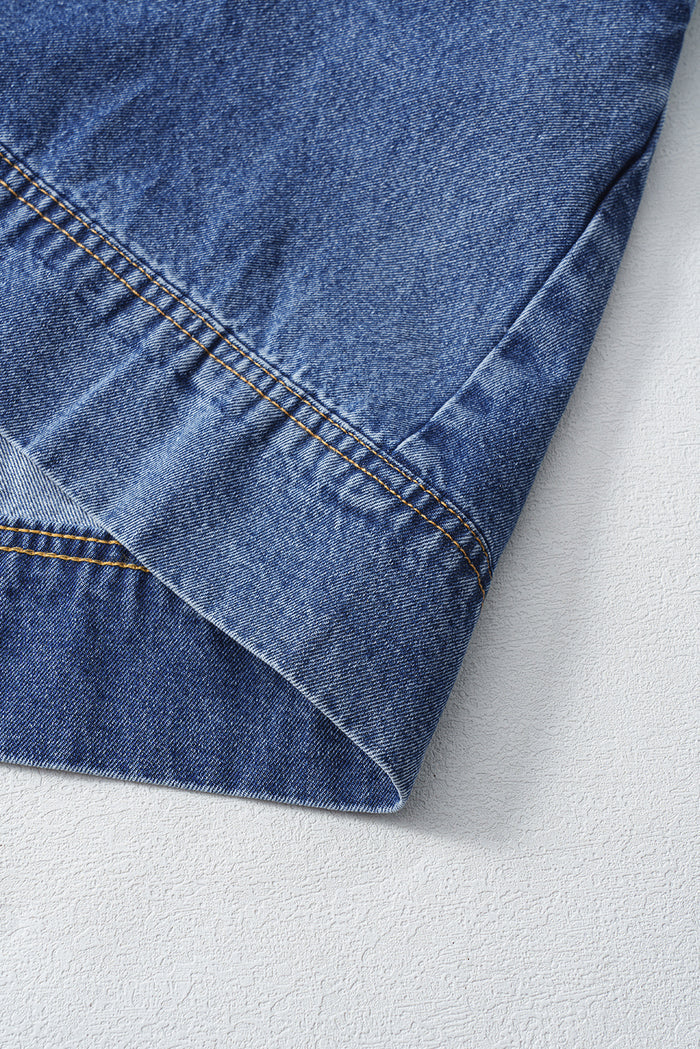 Blue Short Sleeve Collared Chest Pocket Denim Mini Dress Shewin