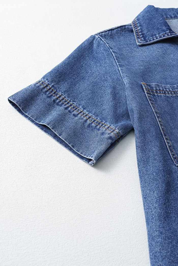 Blue Short Sleeve Collared Chest Pocket Denim Mini Dress Shewin