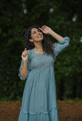 Blue soft cotton kota checks kurti/dress with multi shaded thread embroidered yoke MBS-642