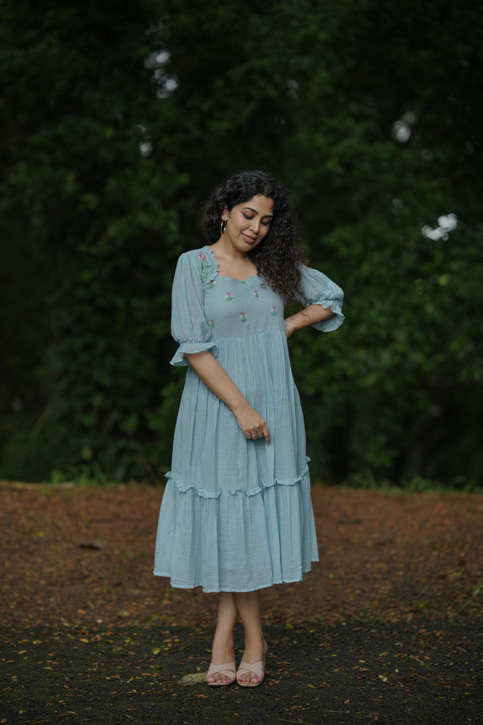 Blue soft cotton kota checks kurti/dress with multi shaded thread embroidered yoke MBS-642