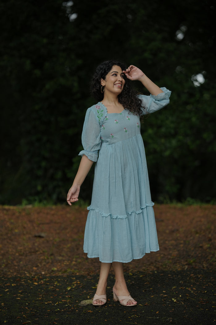 Blue soft cotton kota checks kurti/dress with multi shaded thread embroidered yoke MBS-642