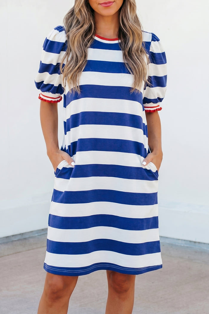 Blue Stripe Contrast Trim Round Neck Short Puff Sleeve Shift Mini Dress Shewin